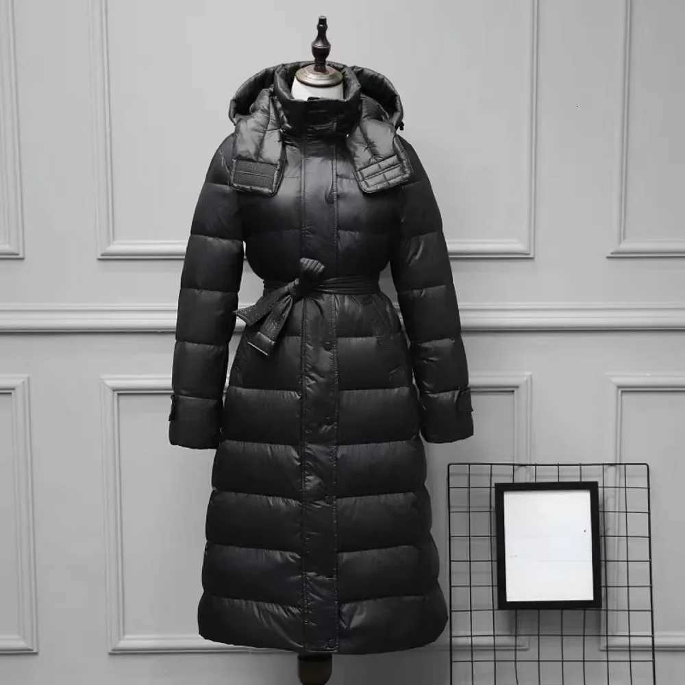 White Duck Down Jacket Women 2024 New Winter Long Hooded Warm Belt Slim Down Coat Female Korean Office Lady Casual Fashion W251106