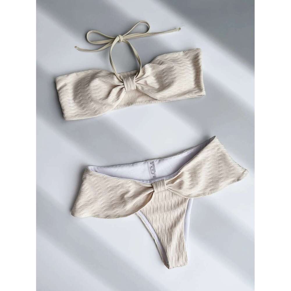 Women's Swimsuit,beige 2-piece Ruffle Beach Bikini,Suspender Halter Backless Swimwear,Solid Color Summer Bathng Suit,2025 New