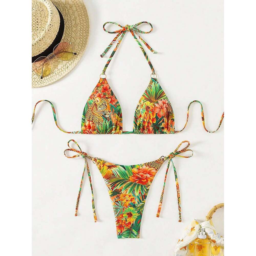 Trcal Print Bikini Set Women's 2025 New 2 Piece Swimsuit Sexy Triangle Halter Backless Thong Swimwear Beach Vacation Wear