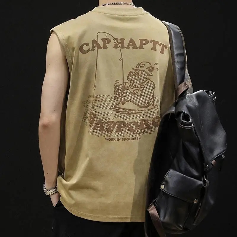 Heavy duty summer round neck mens sleeveless vest loose large street print sports full matching T-shirt 250403
