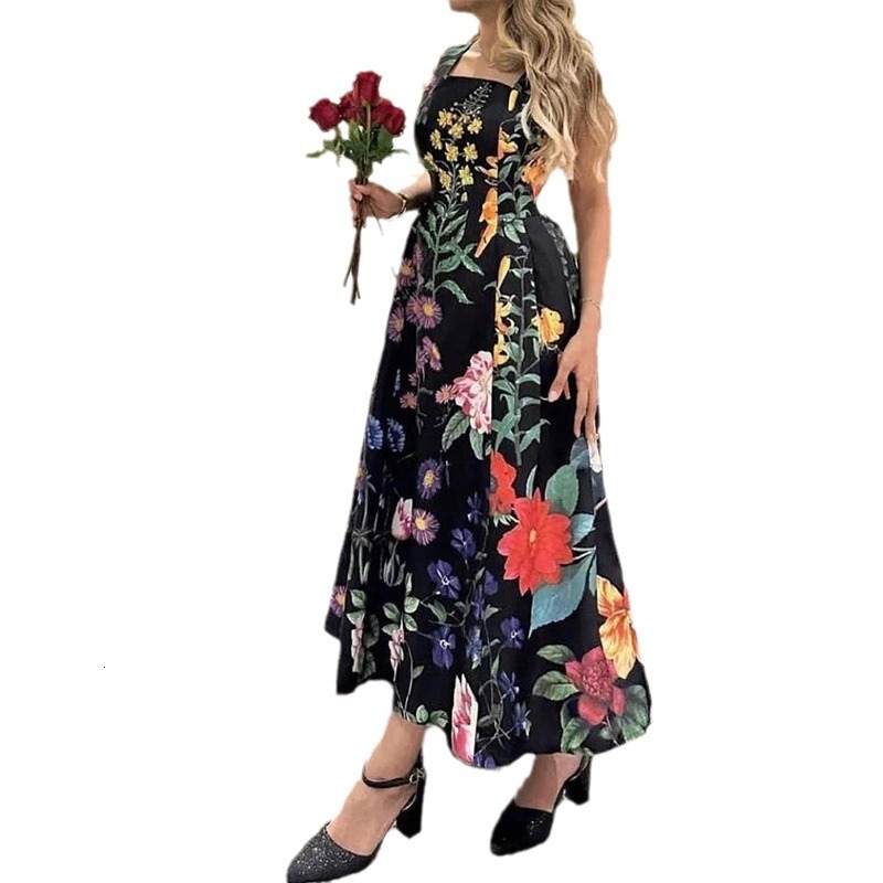 2025 Spring New Design Plant Flower Waist Slimming Style Fashionable Printed Dress