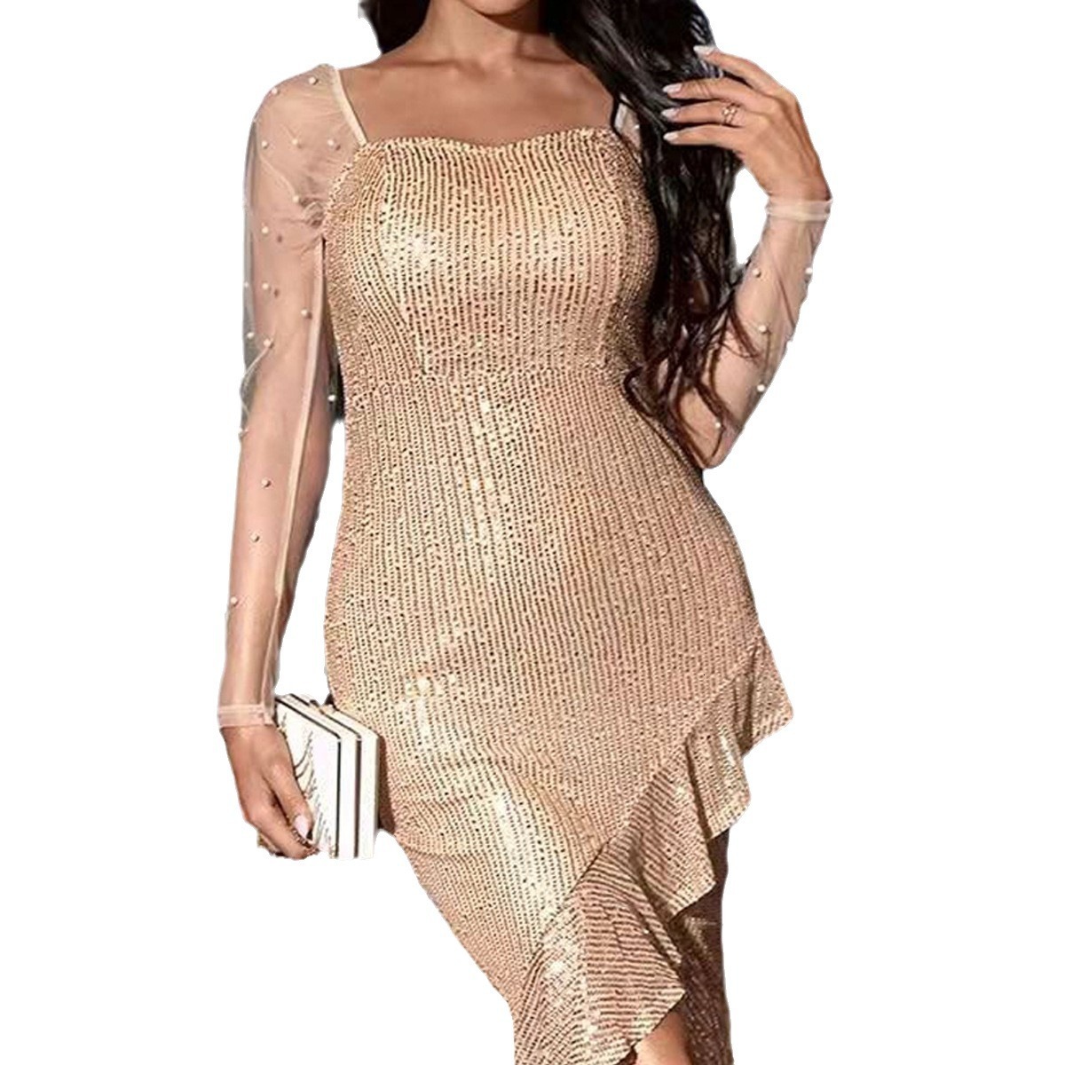 2025 New Womens Dress Sequined Long Sleeved Irregular Long Skirt Temperament Evening Gown