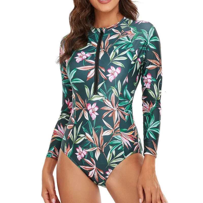 One-piece Swimsuit Women 2024 Long Sleeves Sunscreen Surf Wear Solid Color ing Zipper Conservative Summer Beach Swimwear