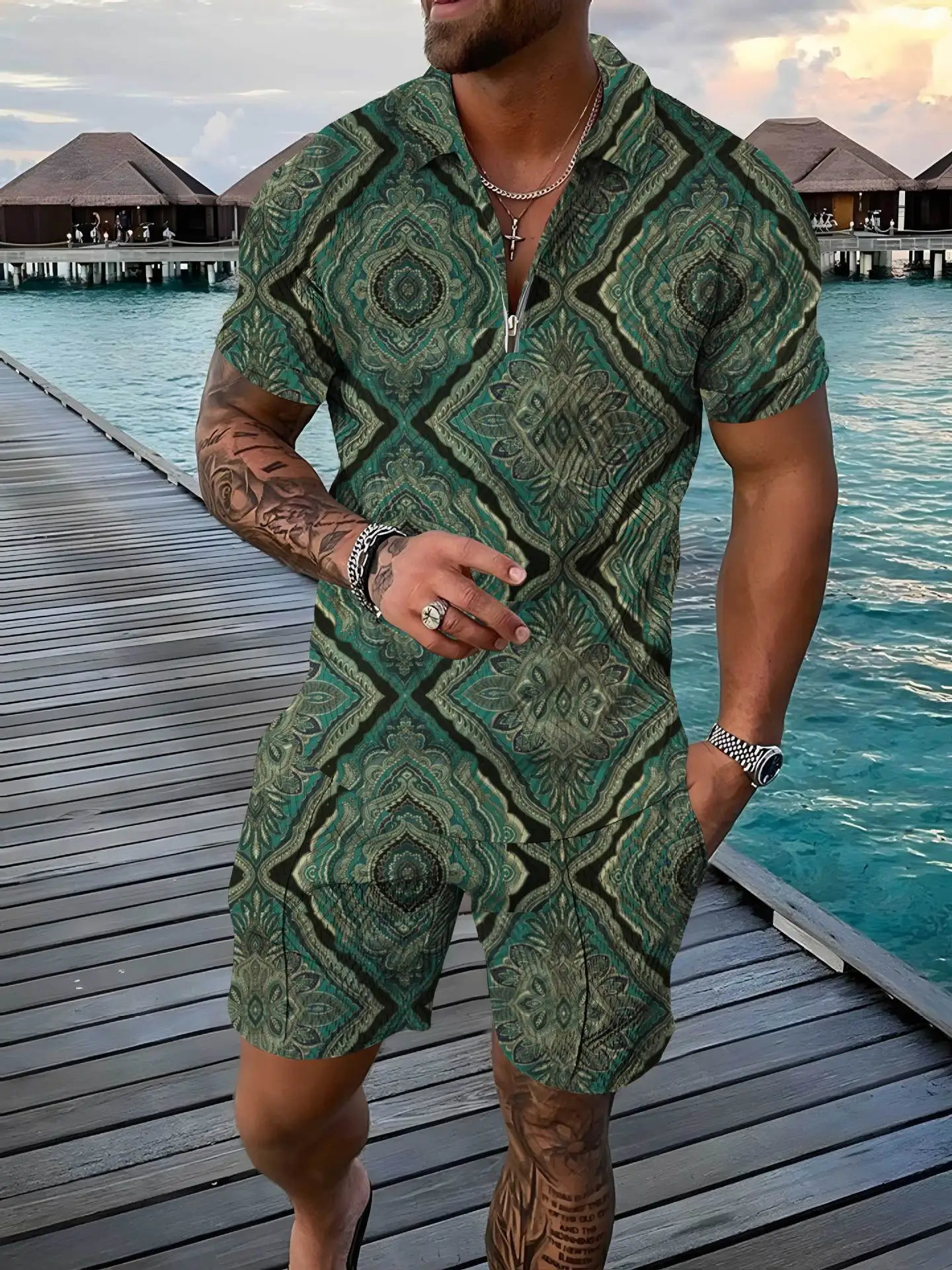 Retro Bohemian style polo set 3D printed polo shirt 2-piece zipper set necklaceshorts Hawaiian holiday style mens wear 250402