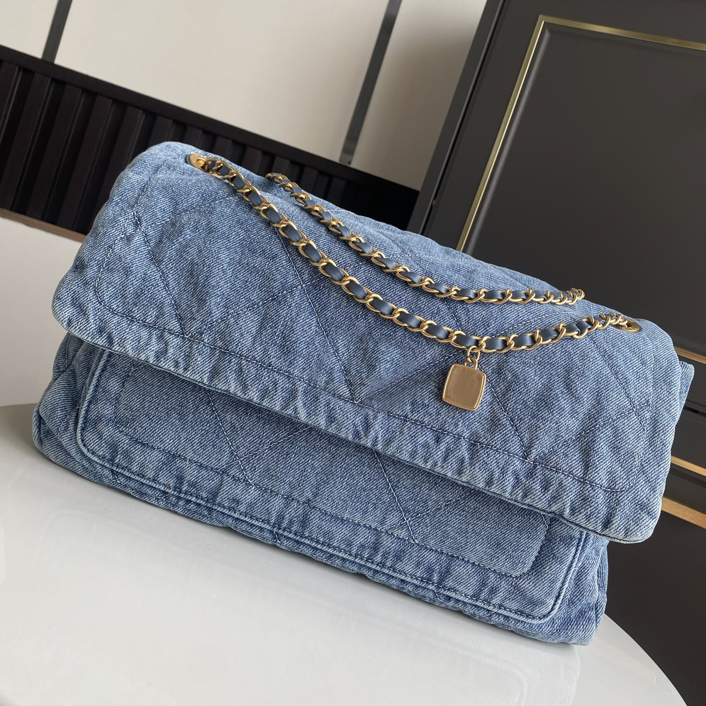 9A Designer Limited Edition Denim Tote - Soft Lambskin Interior, Gold Metal Details, Dual Pockets & Vintage Chain Pendant, Stylish & Spacious