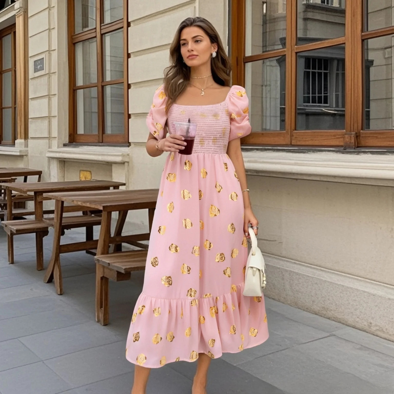 square neck puff short sleeved womens clothing for smoking body rose print summer lace up skiing 250401