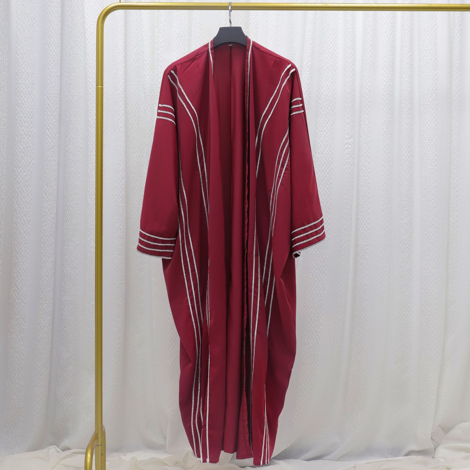 Dubai Women's Solid Color Ribbon Trimmed Long Robe Cardigan Abaya Maxi Dresses Islamic Clothing