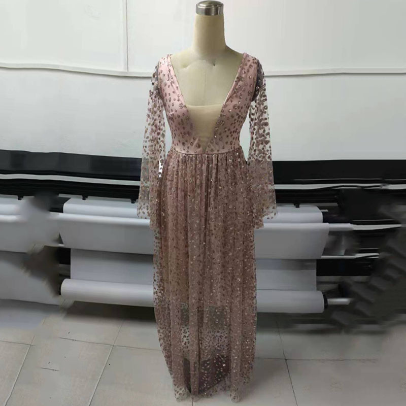 2025 Spring/summer New Womens Dress Long Sleeve Deep v Long Dress Perspective Gold Splashing Dress