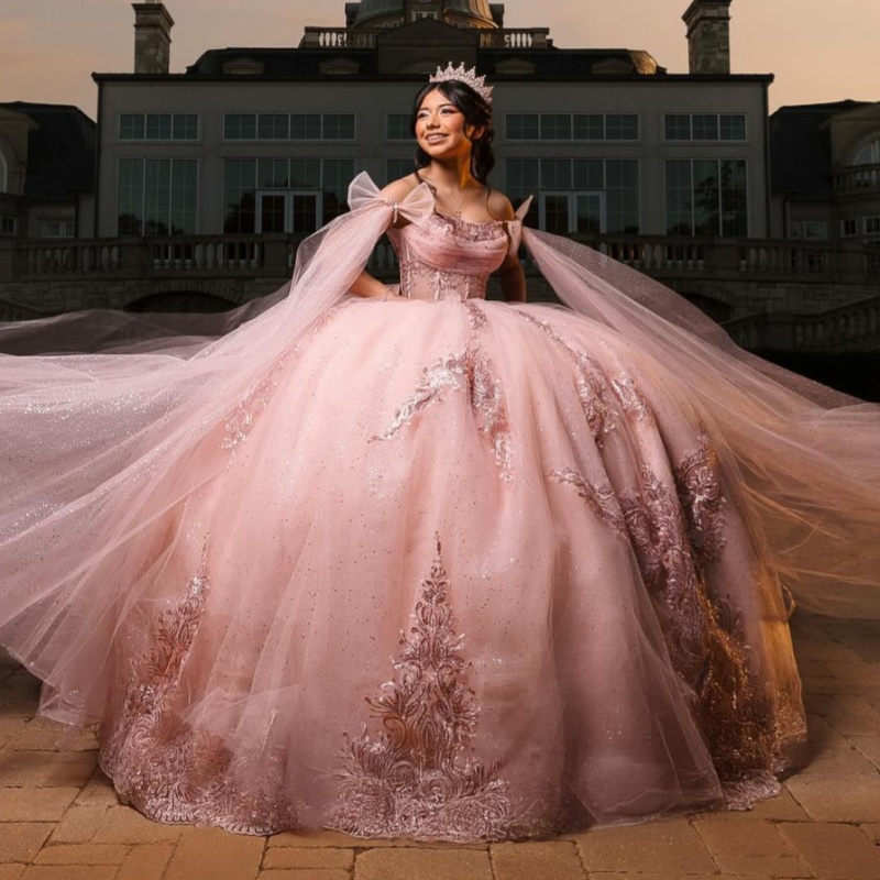 Pink Quinceanera Dresses Off Shoulder Ball Gown Sweet 16 Dress Applique Lace Beads Tull With Cape Birthday Party Vestidos 15 De Anos