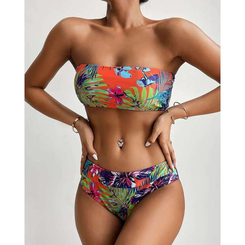 Bandeau Bikini 2024 Woman Sexy Print Two Piece Swimsuit Off Shoulder Backless Swimwear High Waist Bathing Suit Summer Beachwear