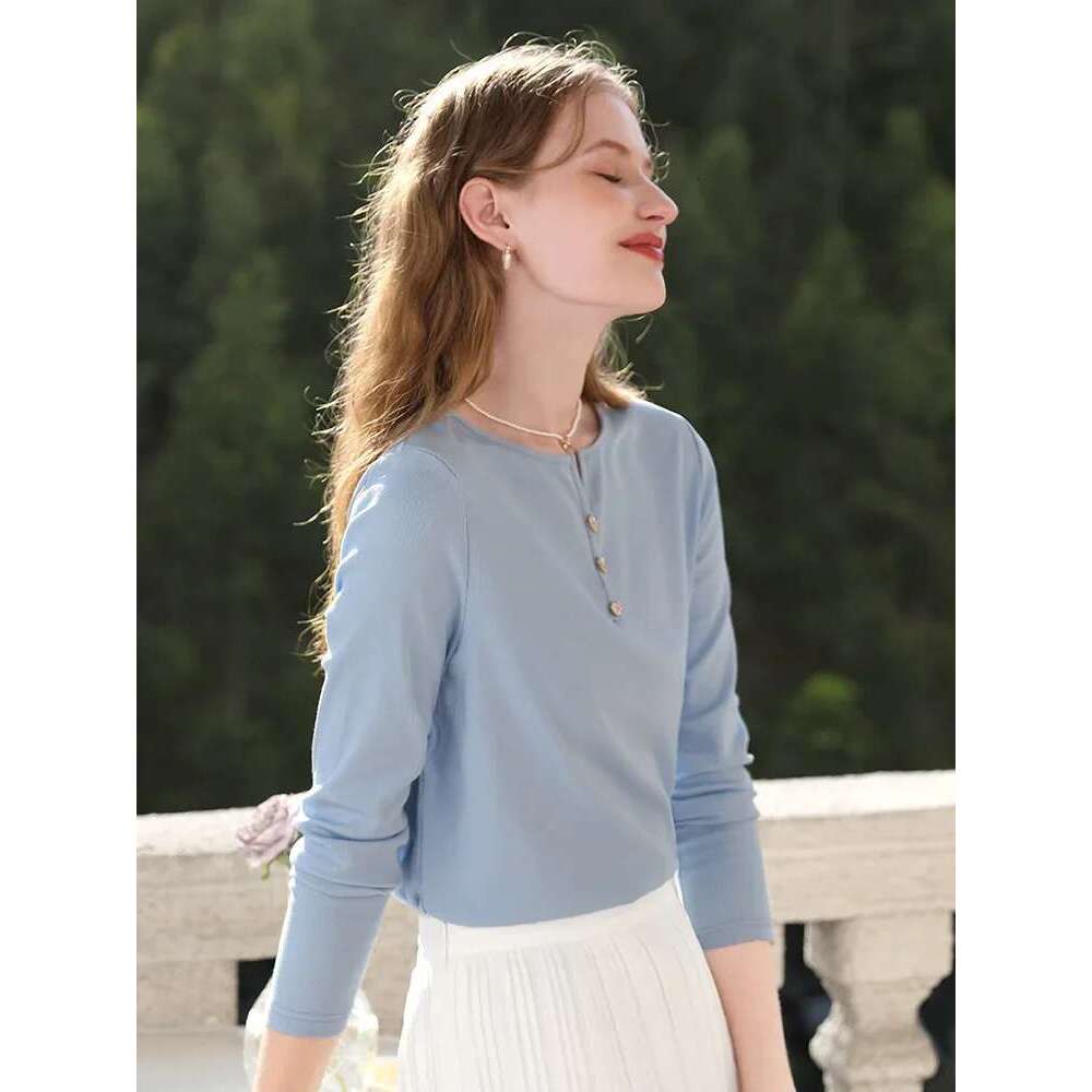 Buttons V-Neck Knitted Long-Sleeved T-Shirt Women's Top Fall New Internal Bottoming Slim Shirt