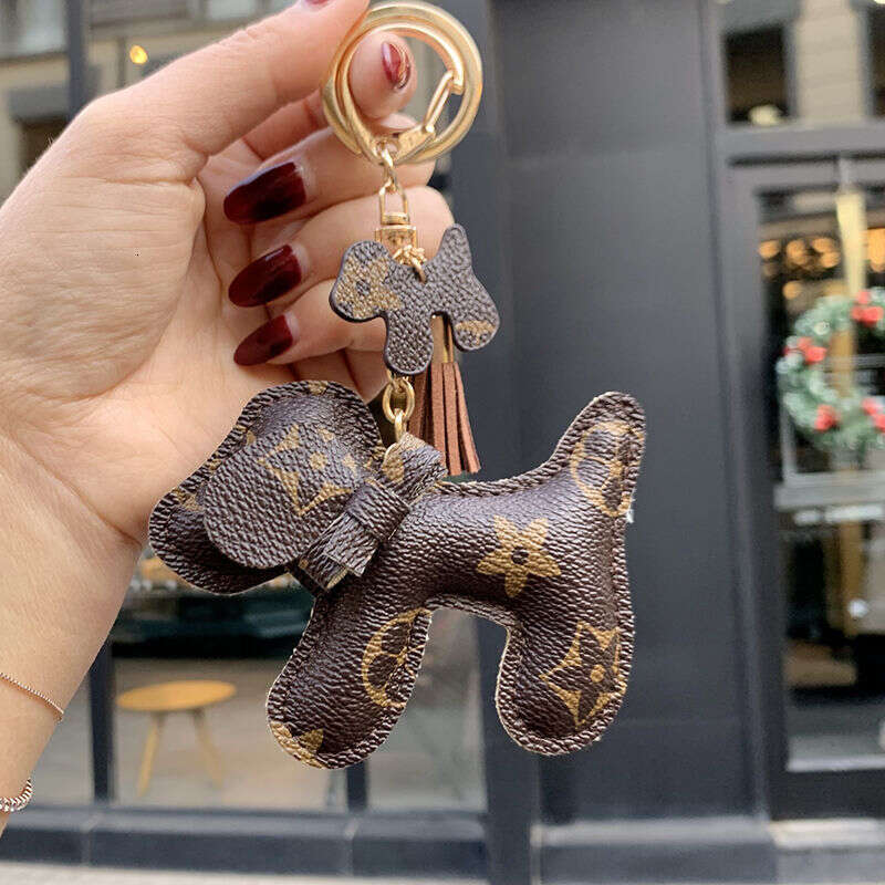 Leather Plush Dog Bowknot Coin Holder Keychain, Gender Neutral Animal Plush Keychain with Leather Strap and Metal Hardware, Bag Pendant Car Hanging Or - view 6