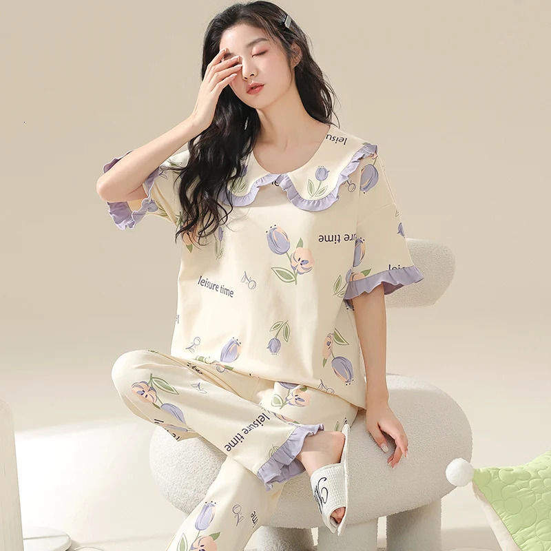 Purple Flower Pajamas Sets Sweet Pijama Cute Sleepwear Short Sleeves Long Pants Kawaii Pjs Casual Summer Spring Autumn Soft Cozy 250402