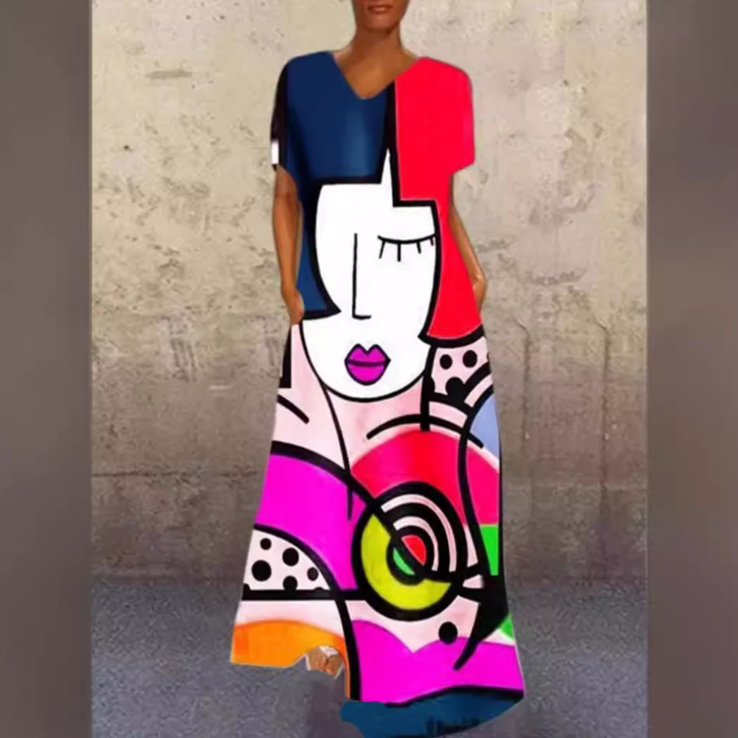 2025 New Dress Portrait Cat Print V-neck Four Sided Elastic Long Dress