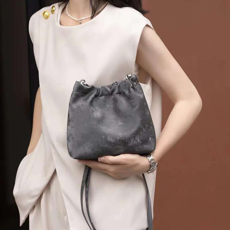 New Women Simple Bucket Female Fashion Sier Shoulder Bag Lady Soft Cowhide Split Leather Crossbody Messenger
