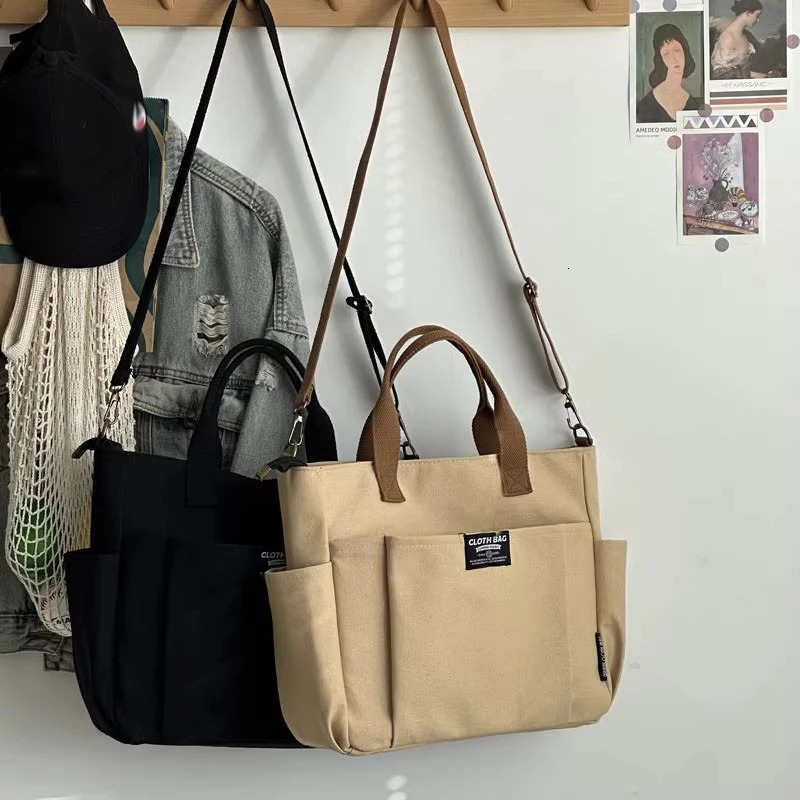 Urban Minimalist Female Student Large Capacity Computing Horizontal Canvas Single Shoulder Diagonal Cross Portable Handbag 250401