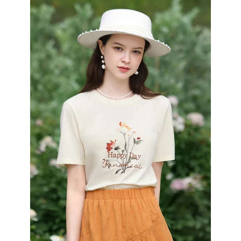 Slim Short-Sleeve Women T-Shirts 2025 Summer Small Fresh Print O-Neck New Casual Fashion Female Tops