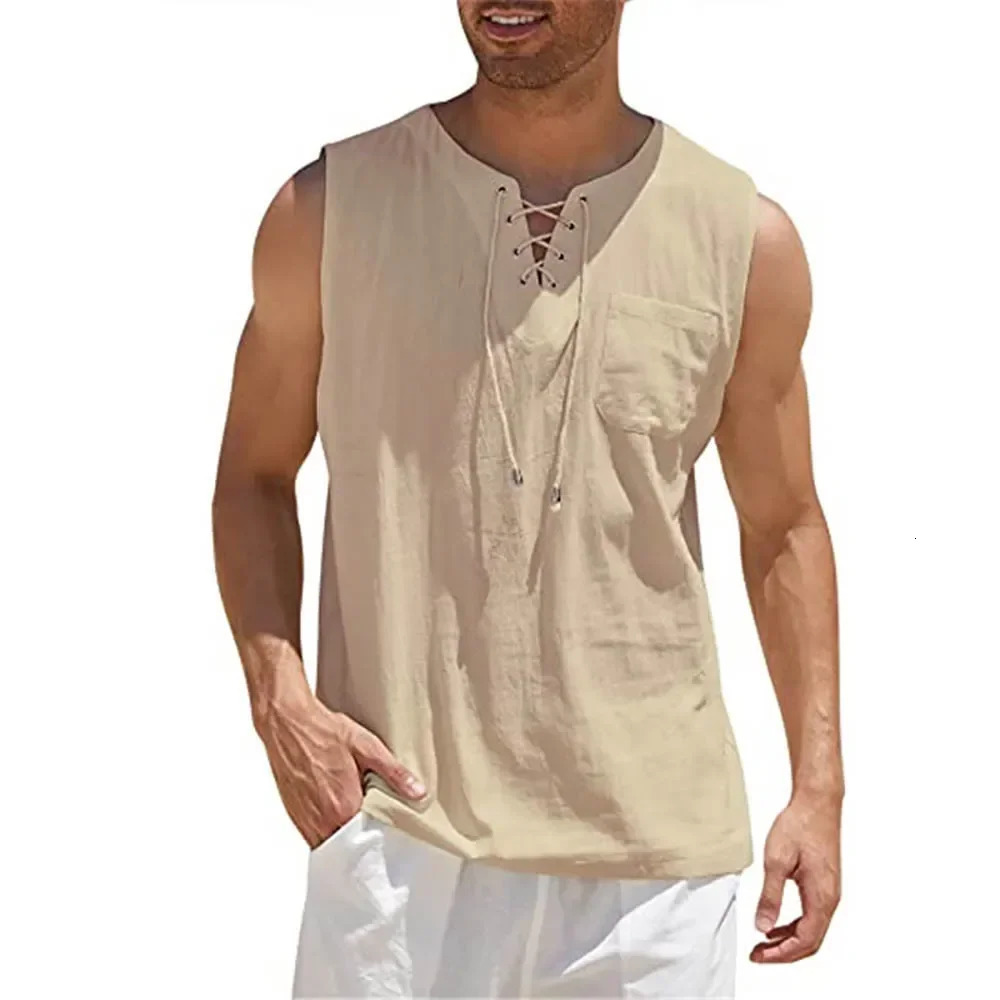 Summer linen shirt mens casual no ruffled vest belt lace top retro V-neck fashionable loose shirt mens solid color T-shirt 250403