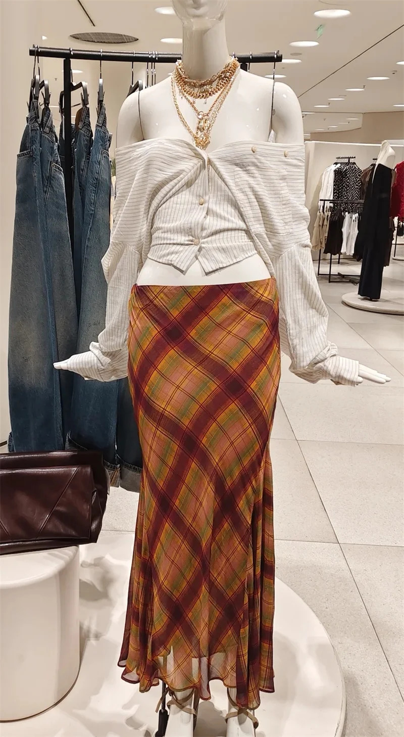Womens Midi Skirt 2025 Autumn Style Color Block Plaid Long Elegant and Stylish Versatile 251105 - view 7
