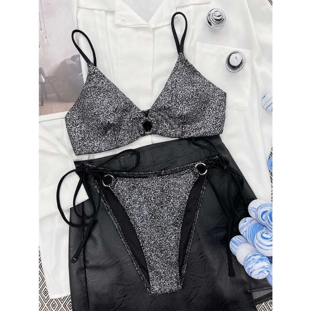 Black Shiny Bikini 2025 Two-piece Swimsuit Women Sexy V-neck Push Up Padded Bathing Suit Low Waist Backless Beach Swimwear