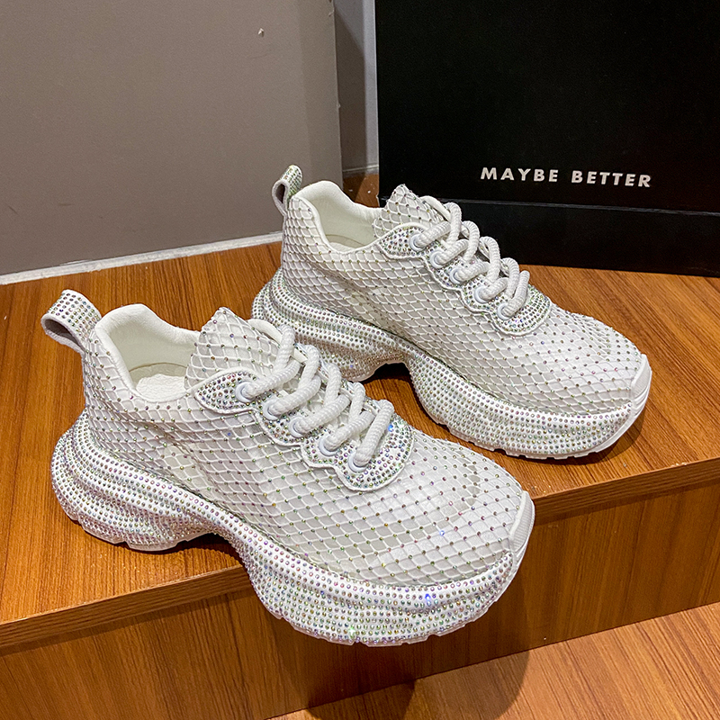 Luxury Women's Sports Shoes Spring Mesh Diamond Crystal Designer Shoes Lace up Casual Outdoor Running Shoes Platform Sneakers