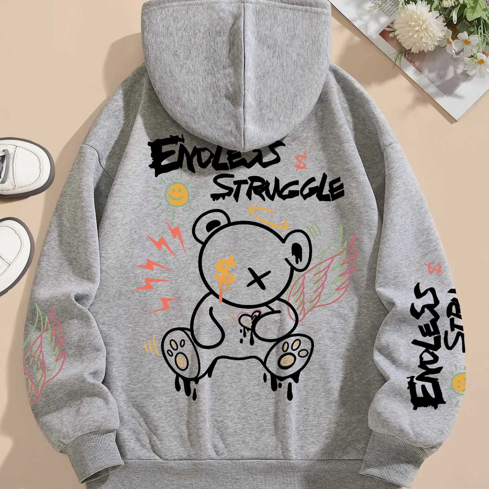 Personalized bear print hoodie for autumn and winter couples casual pullover sweatshirt fashionable and comfortable hoodie S-3XL W251106