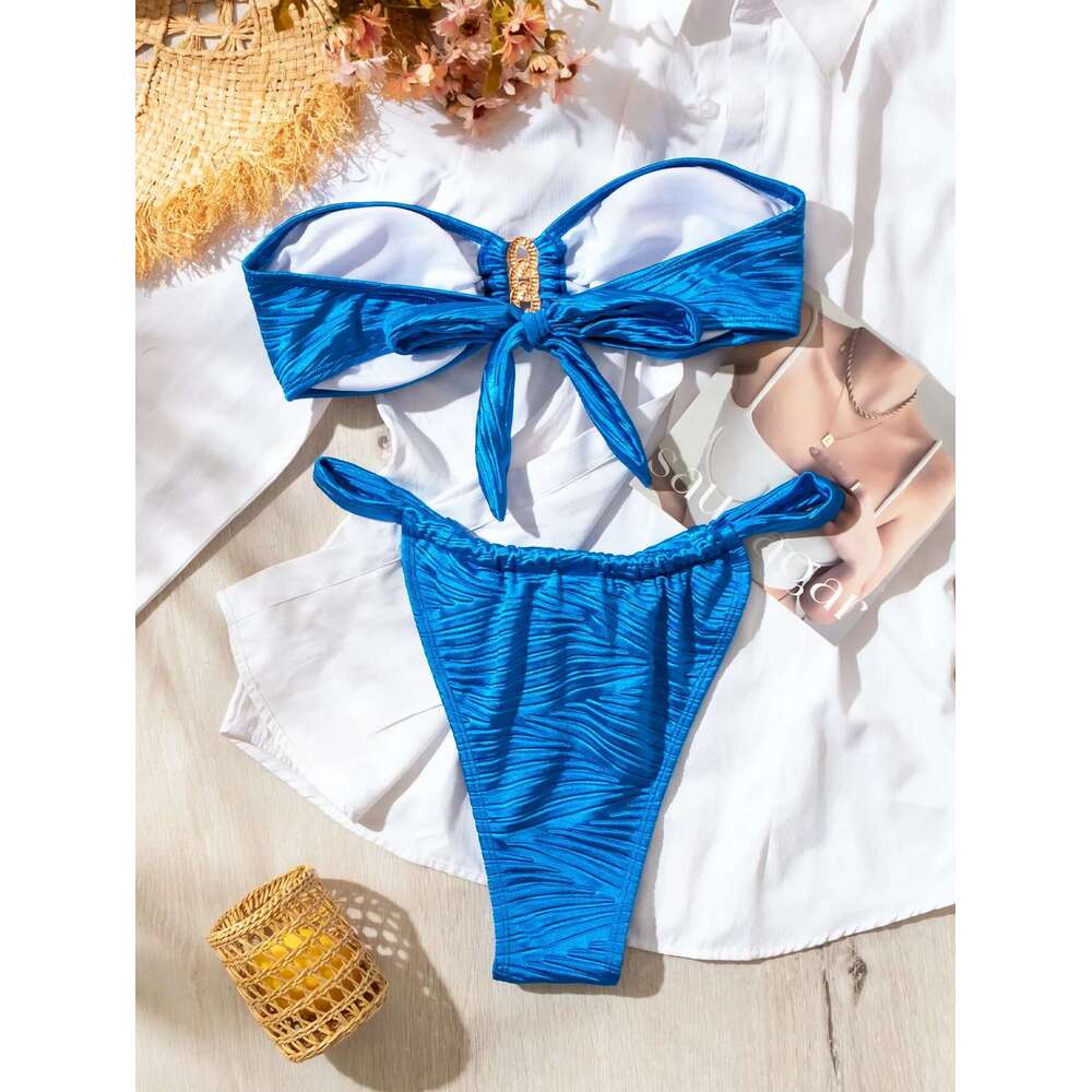 Blue 2 Piece Swimsuit for Women,2024 Dia Low Waist Thong Bikini,summer Beach Vacation Strapless Shoulder Backless Swimwear