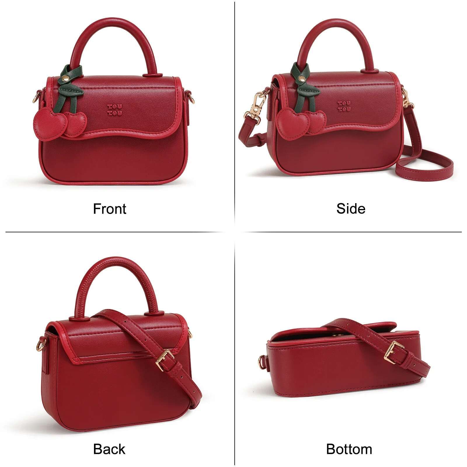 TOUTOU Red Handbag Women Cute Cherry Christmas Tree Pendent Original Designer Leather Shoulder Crossbody Bag Girl Valentine Gift