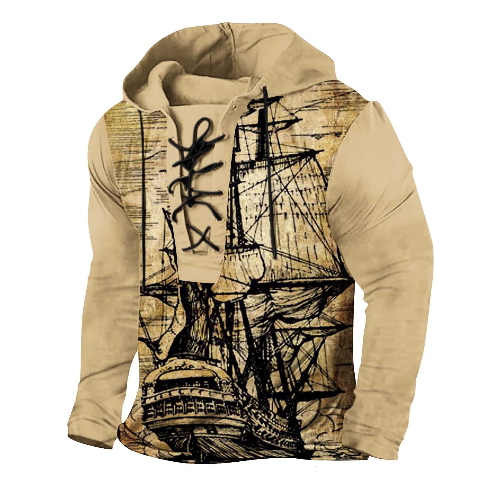 2025 Winter Mens Digital Printed Strap Up Large Hooded Long Sleeve T-shirt Mens Wear