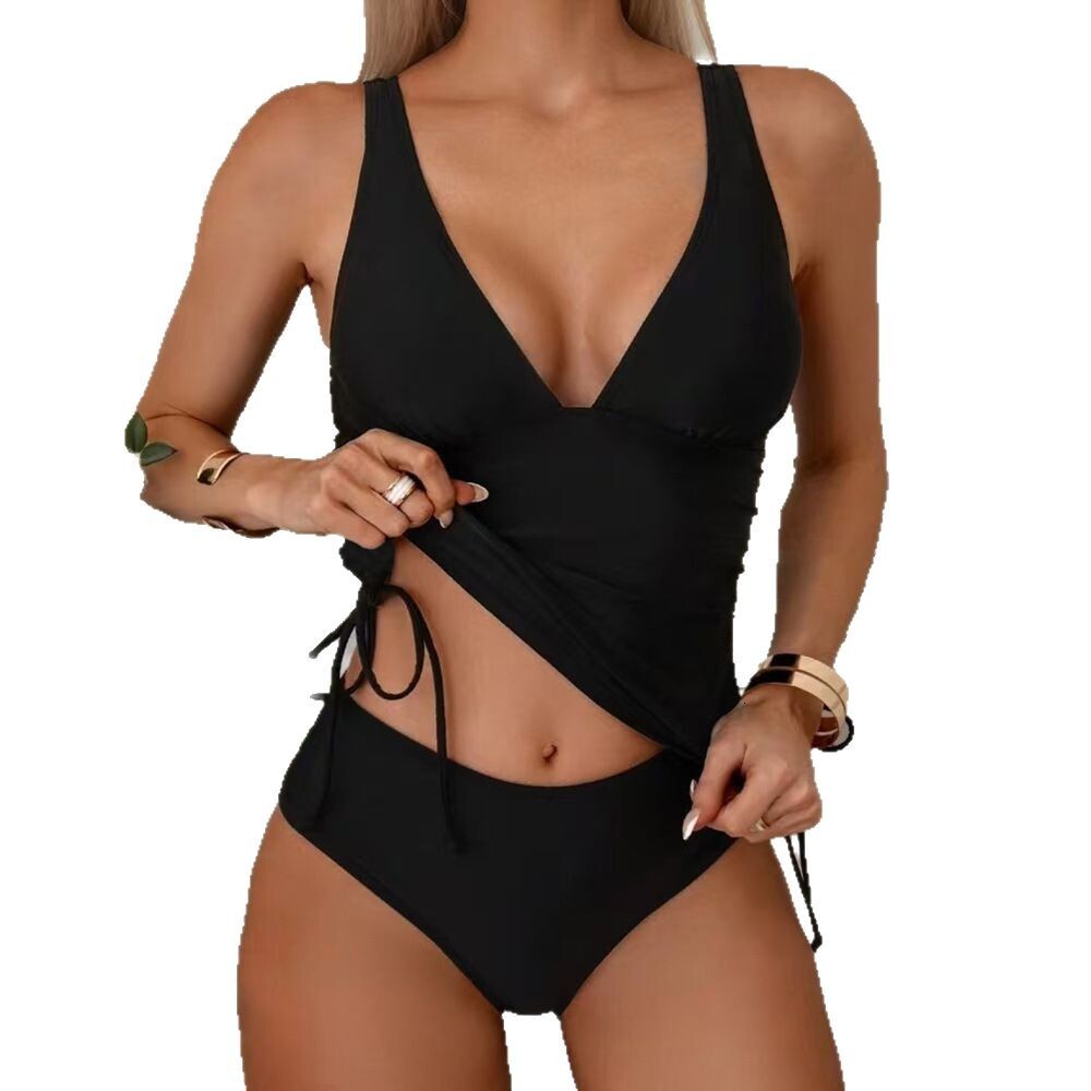 2025 drawstring slimming high waisted triangle pants split solid color bikini multi-color swimsuit for women