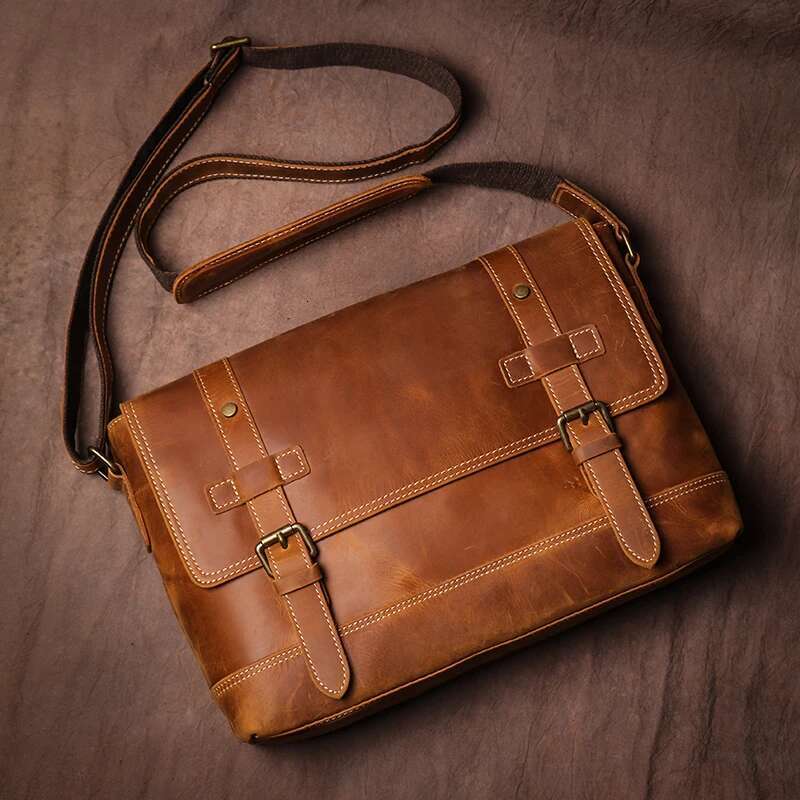 GURO Men's Retro Messenger Crazy Horse Leather Briefcase High Quality Shoulder Sg Bag Crossbody For 12.9 Inch Ipad