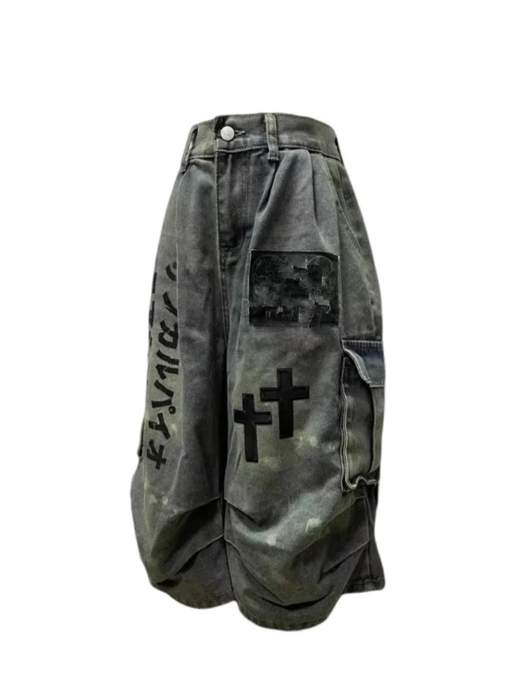 Summer Women Goblin Core Cross Denim Jorts Shorts Y2k CalfLength Jean Pants Trashy Y2K Abi Japanese Cyber Punk Grunge Unisex 251105