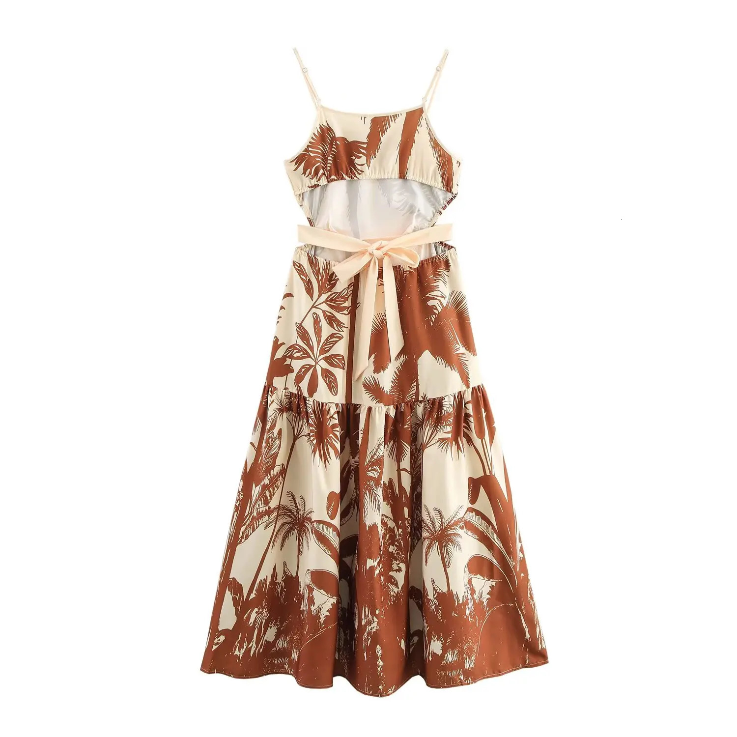 Ladies Maxi dress with tropical plant print and waistband suitable for summer vacation beach wear in 250401