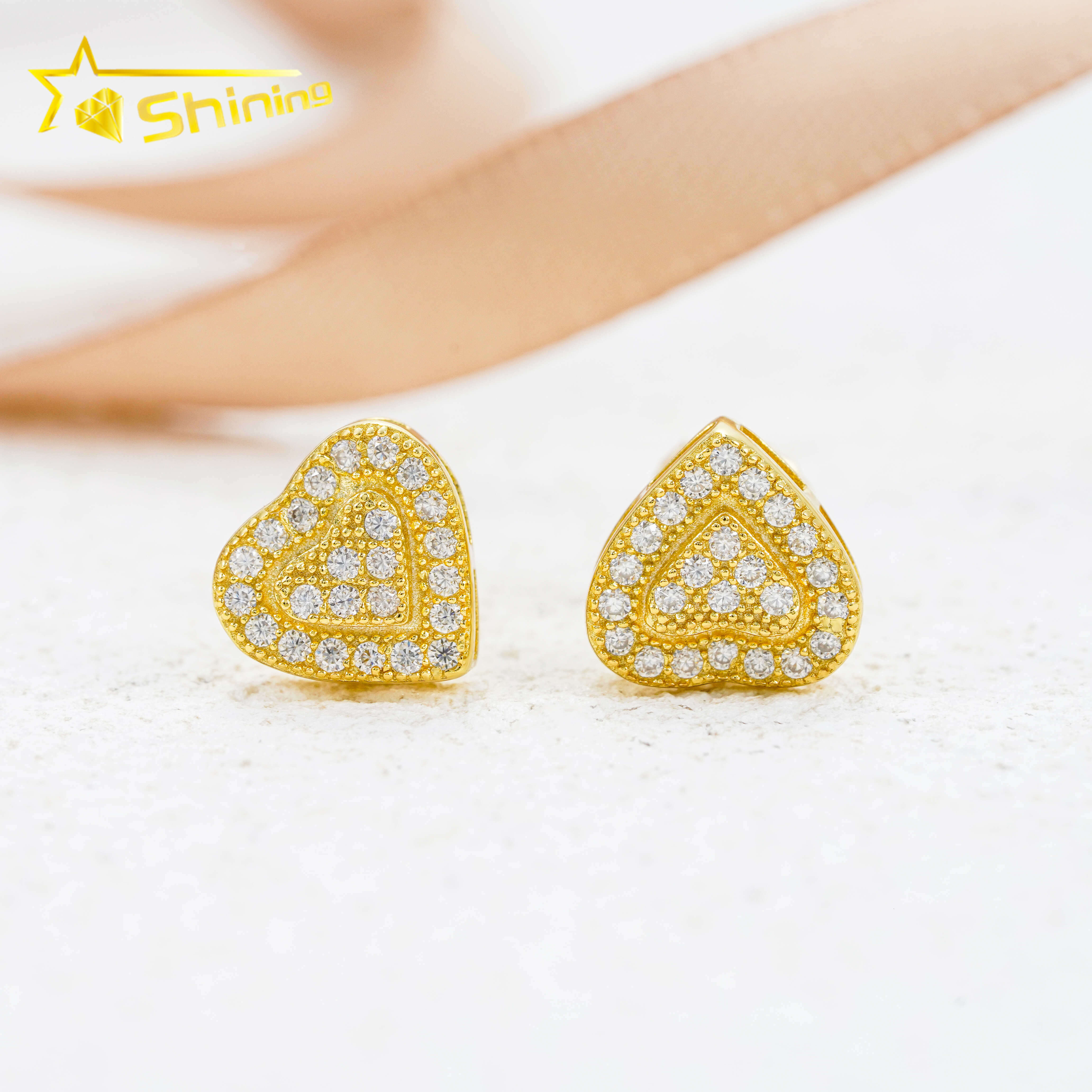 Bulk Stock Iced Out Man Earrings Heart Shape Moissanite Dia Screw Back Setting Hip Hop Stud Earring