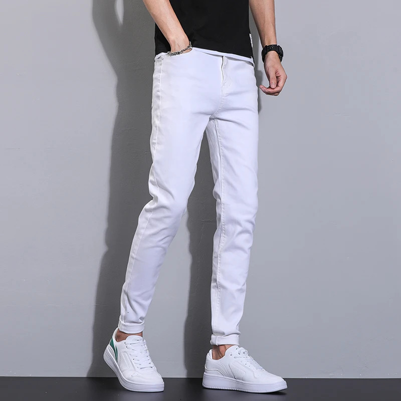 pure white 98 cotton ultrathin jeans for mens stretch and comfortable tight denim Trouser Korean classic fashion casual pants 250401