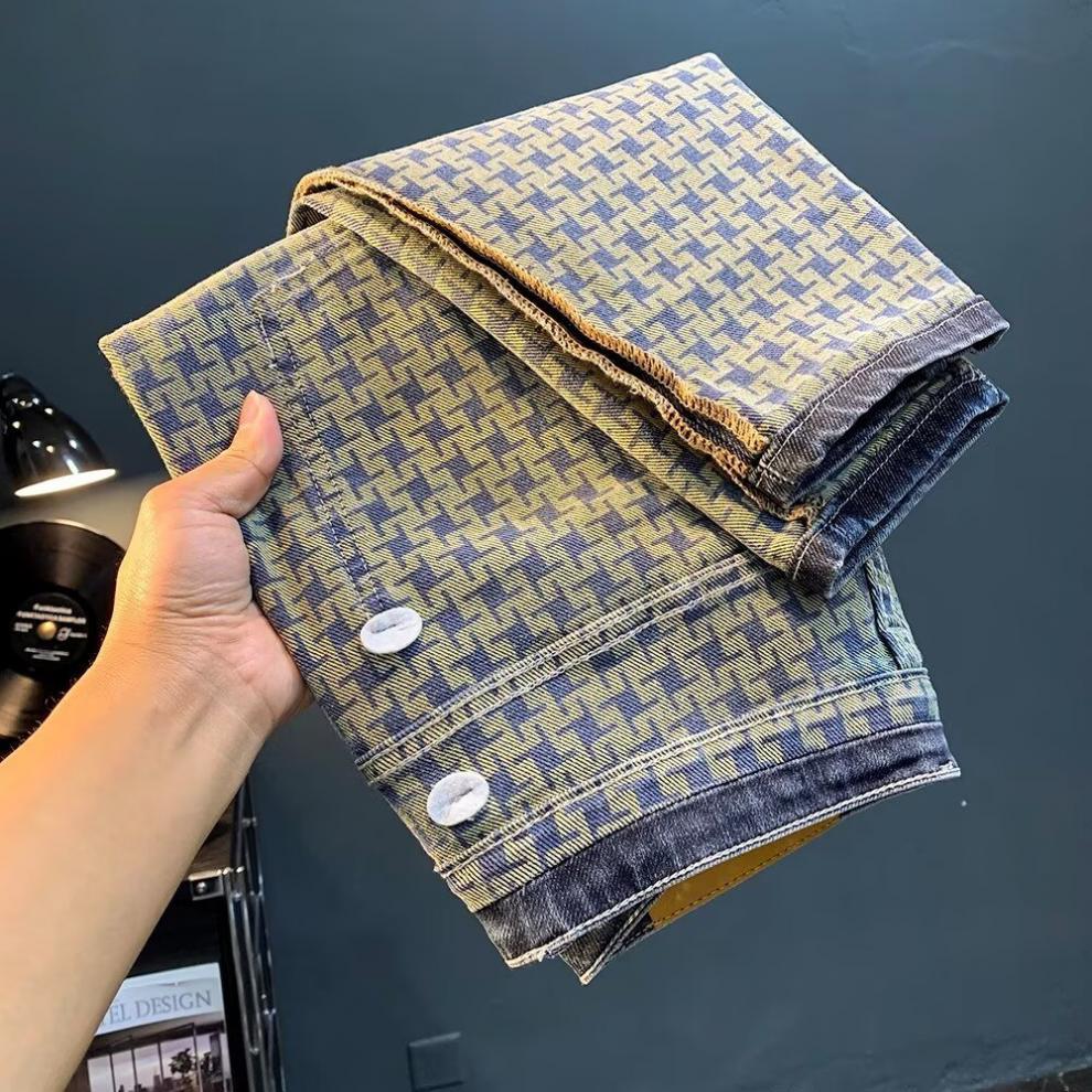 Designer Men's Jeans Spring Trendy For High End Light Luxury Design Fashion High Quality Thousand Grids Print Elastic Casual Straight Fit Loose C