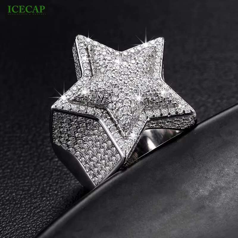 925 Sterling Silver 3D Mens Hip Hop Ring VVS Moissanite Iced Crystal Pentagram Stars Baguette Shape Unisex Rhodium Anniversary