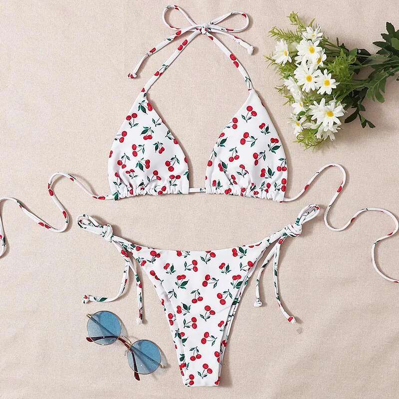 Cute Cherry Print Swimsuit Women 2023 Low Waist Thong 2-Piece Bikini V-neck Suspender Halter Bathing Suit Summer Beach Swimwear
