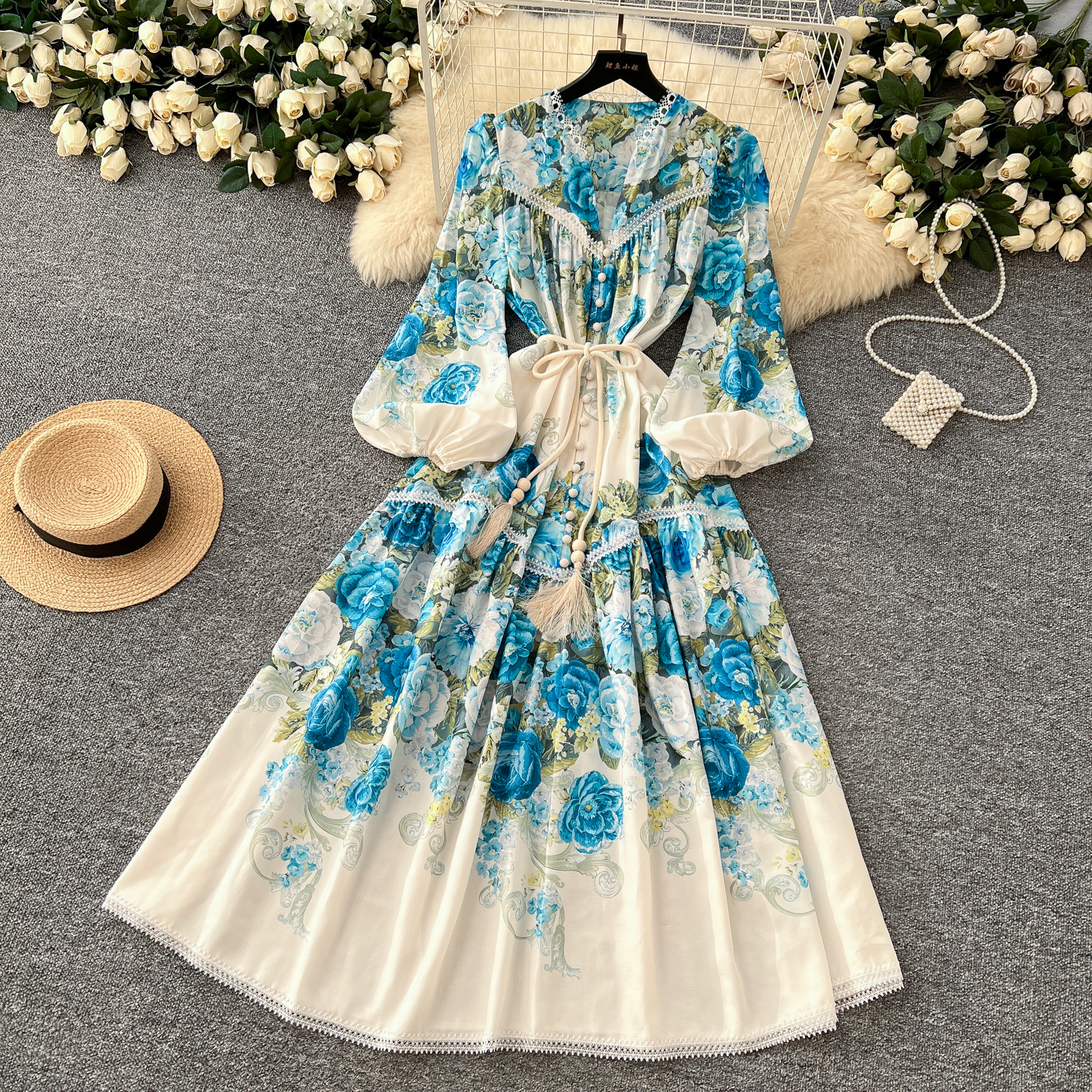 Basic Casual Dresses Spring Holiday Gorgeous Flower Linen Dress Women's V-Neck Hollow Out Lace Long Lantern Sleeve Floral Print Belt Maxi Vestido