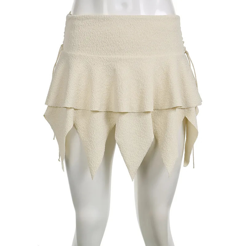 Womens Y2k Mini Ski Hut Ruffle Asymmetric Hem A-line Mini Ski Retro Fairycore Lace Stickers Layered Mini Ski 250402