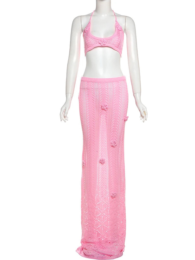 Sisterlinda Beach Knitted 2piece Summer Trend Stickers Strap Crop CanTransparent Maxi Ski Womens Matching Vacation Set 250403