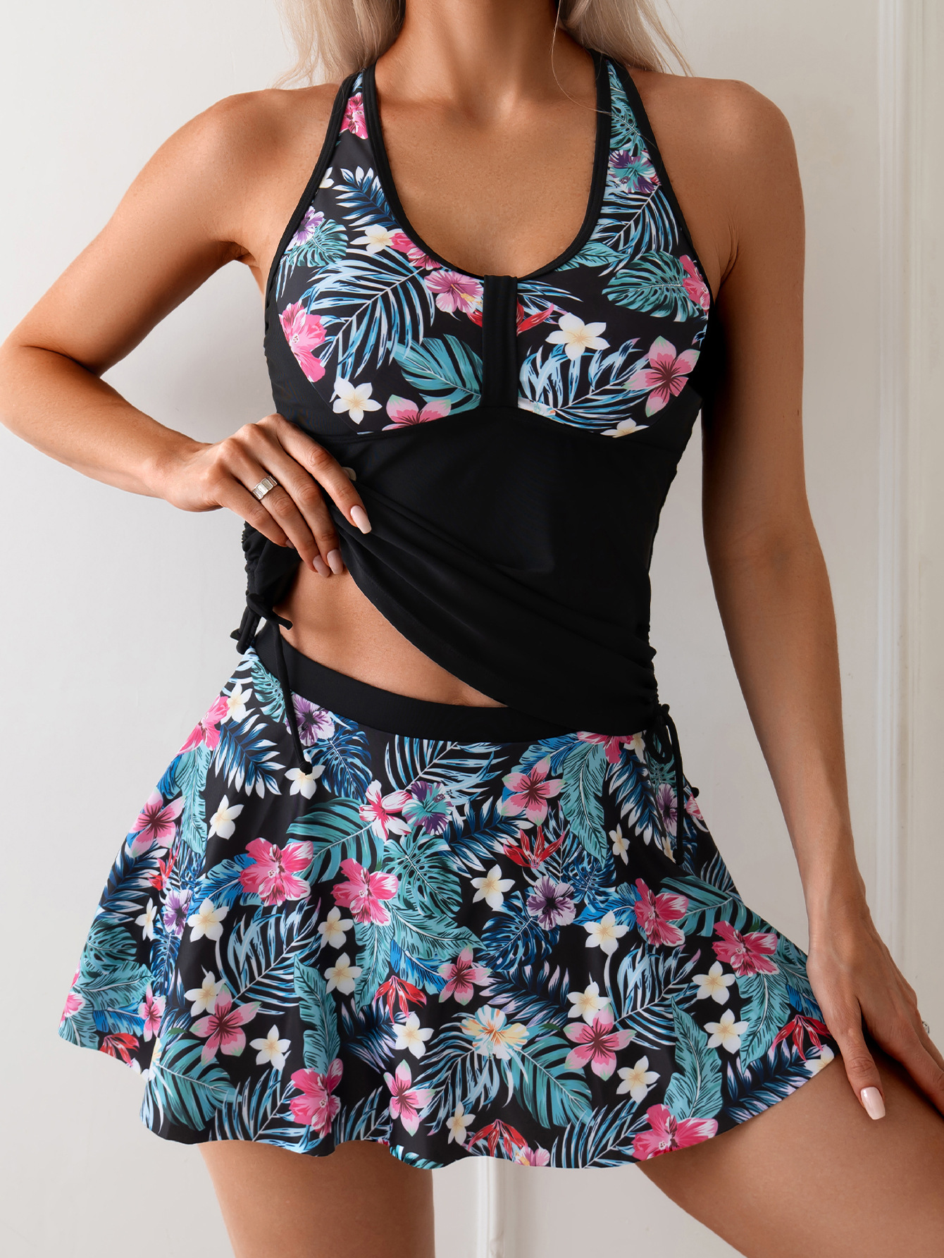 New camisole vest style drawstring slimming independent short skirt triangle bottom pants three piece set women's swimsuit