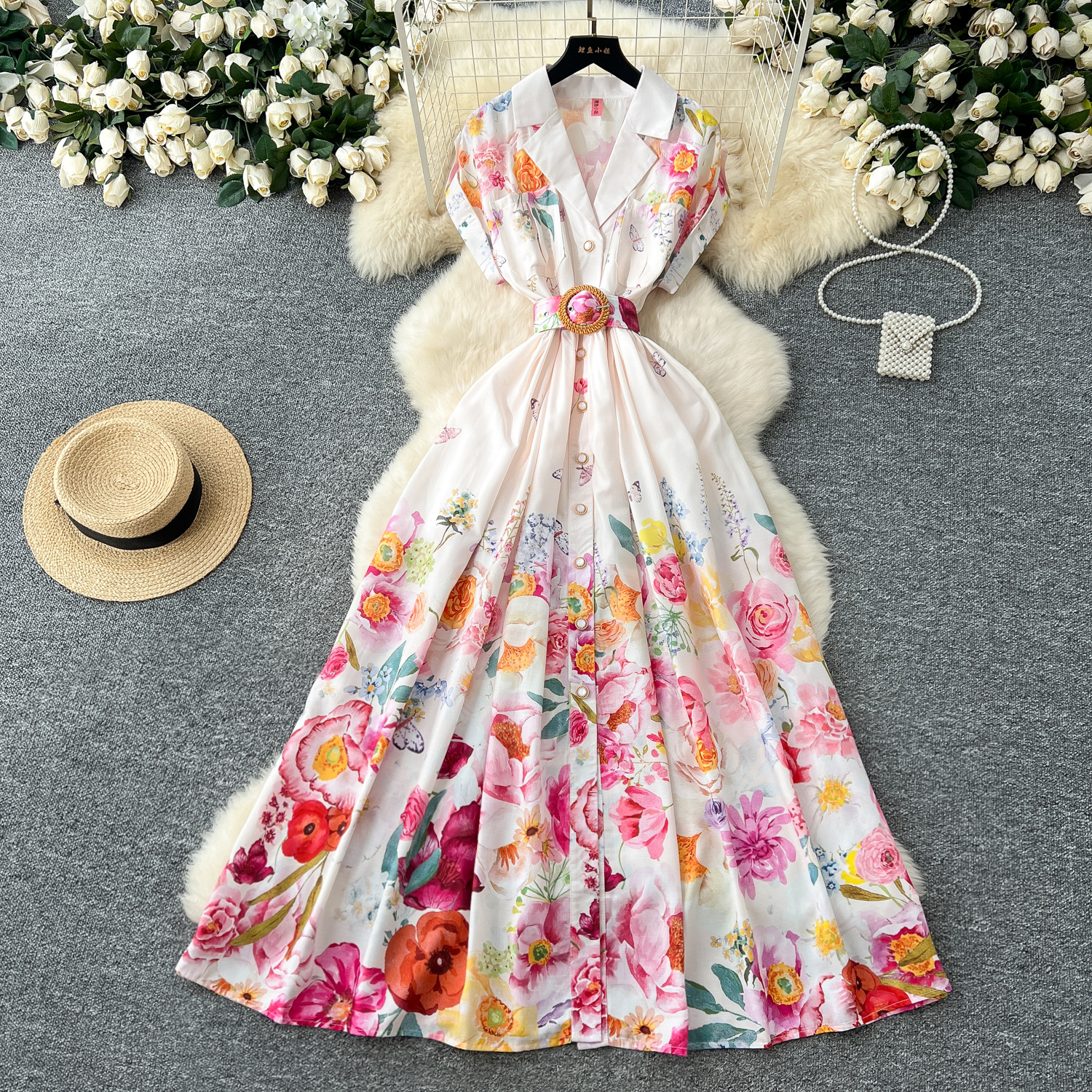 Basic Casual Dresses Elegant Holiday Gorgeous Flower Evening Dresses Women Notched Vintage Print Belt Long Party Dress Female Casual Holiday Clothing 
