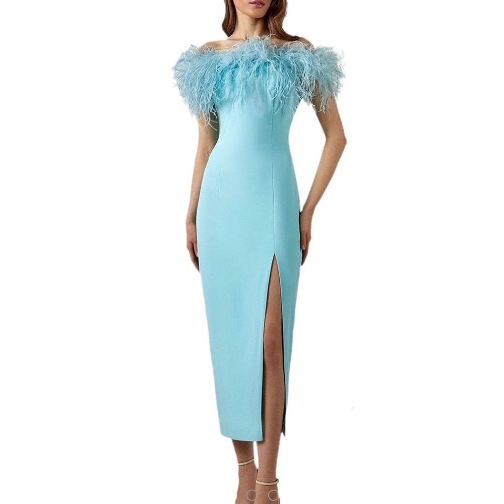 2025 Spring/summer New Womens One Shoulder Evening Dress Feather Celebrity Dress Banquet Style Long Dress