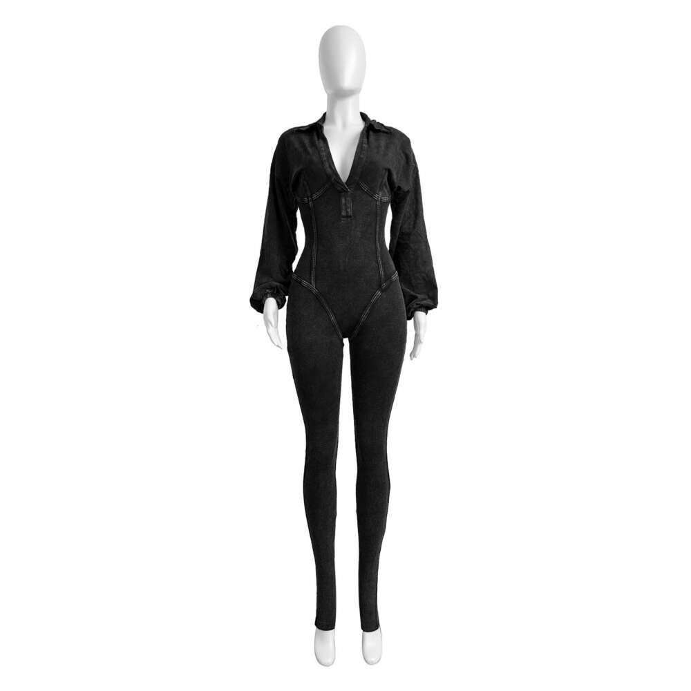 HR24102 European and American Fashion Women's Clothing Washed Vintage Sexy Deep V Tight Long Sleeve Autumn Winter Jumpsuit