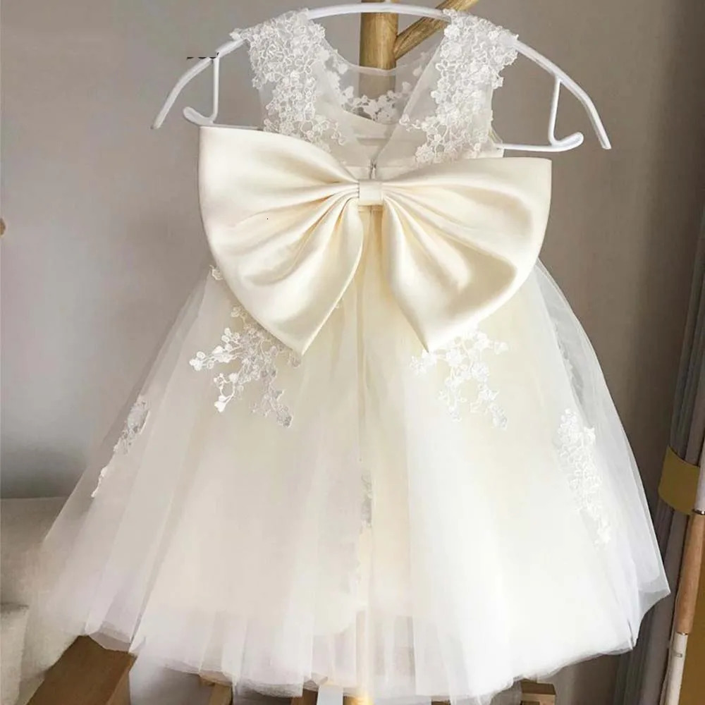 Tulle Peng Songhua Girl Dress Ivory Lace Satin Bow Sleeveless Childrens Birthday Ball Dress Princess First Communion Dress 250402