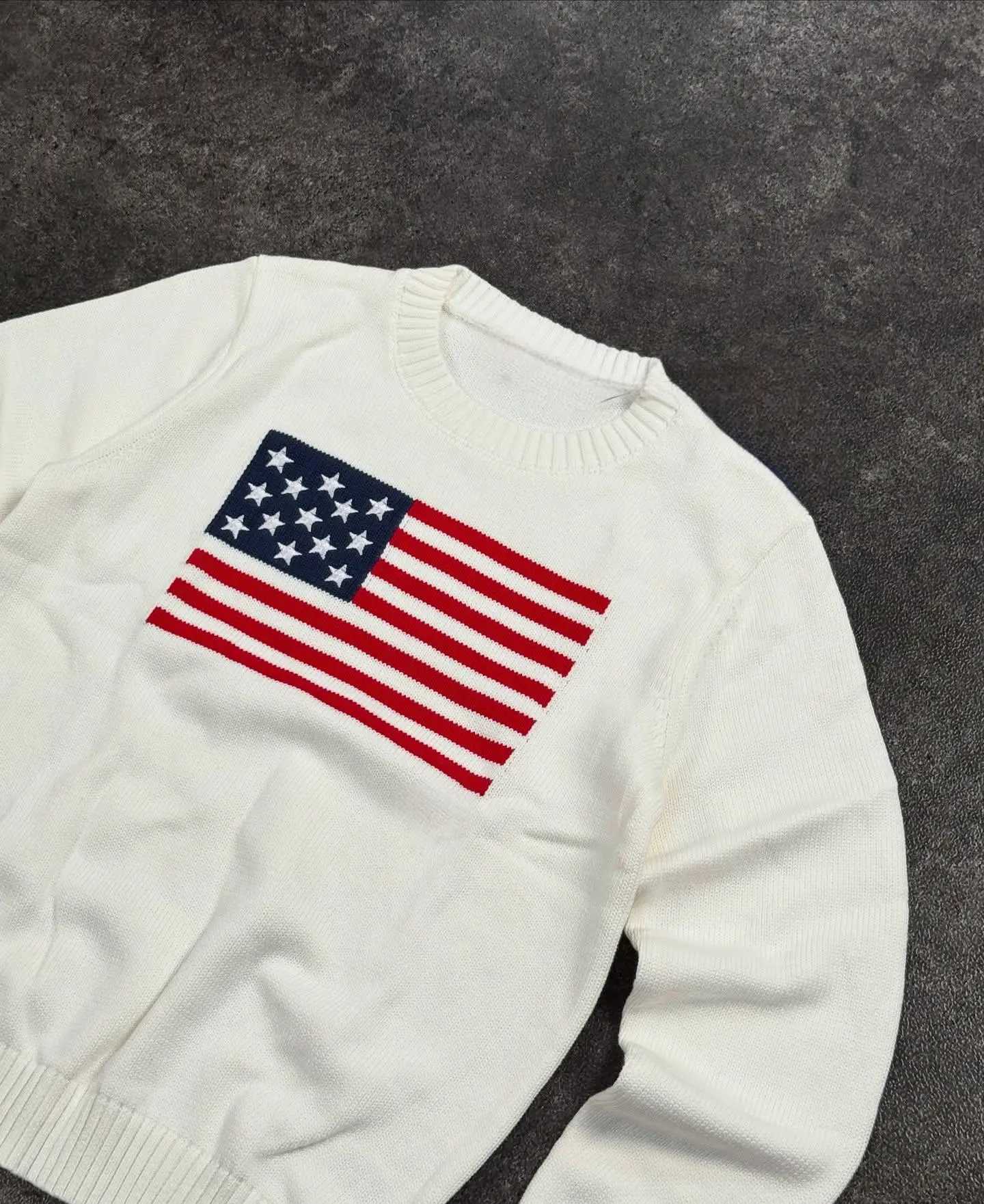 Men Autumn Winter Sweater New Cotton Embroidered American Flag Round Neck Knitted Sweater Loose and Versatile Trendy Hoodie X251106