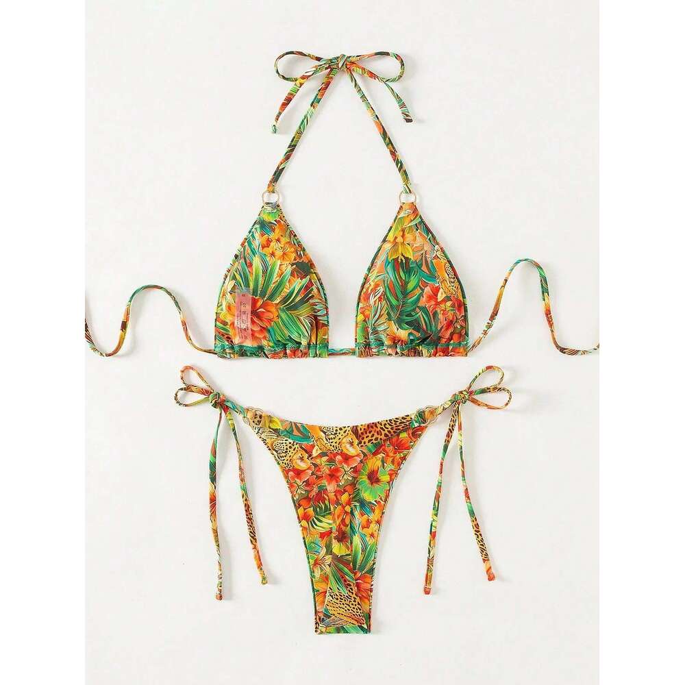 Trcal Print Bikini Set Women's 2025 New 2 Piece Swimsuit Sexy Triangle Halter Backless Thong Swimwear Beach Vacation Wear