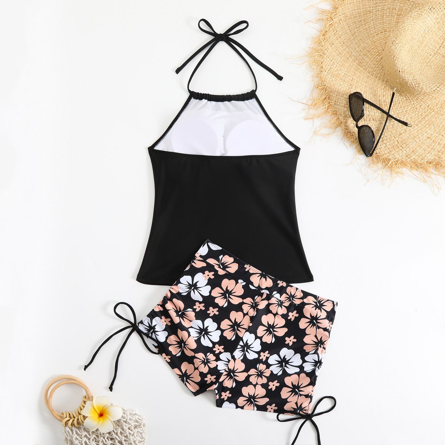 2025 New Split Neck Strap Drawstring Printed Flat Angle Pants Set Swimsuit