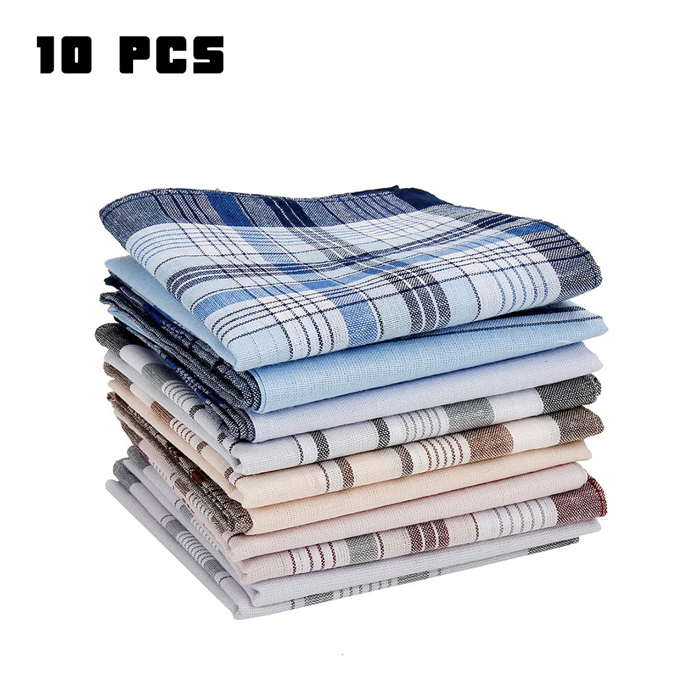 10Pcs Cotton Handkerchiefs Soft Stripe Checkered Pattern Pocket Square Hankies Gentleman for Men Cotton Wedding Suit Handkerchie 250403
